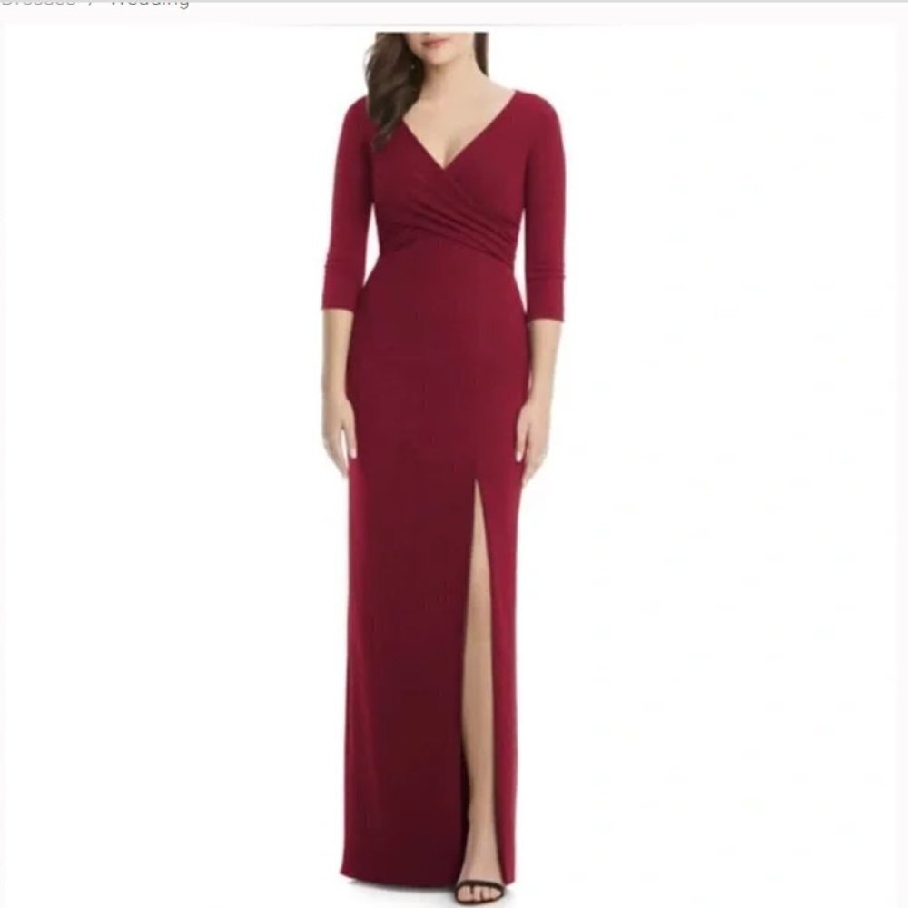 After Six Women's XXS‎ Burgundy 6814 Crepe Wrap Bodice Gown Dress 3/4 Sleeve NWT